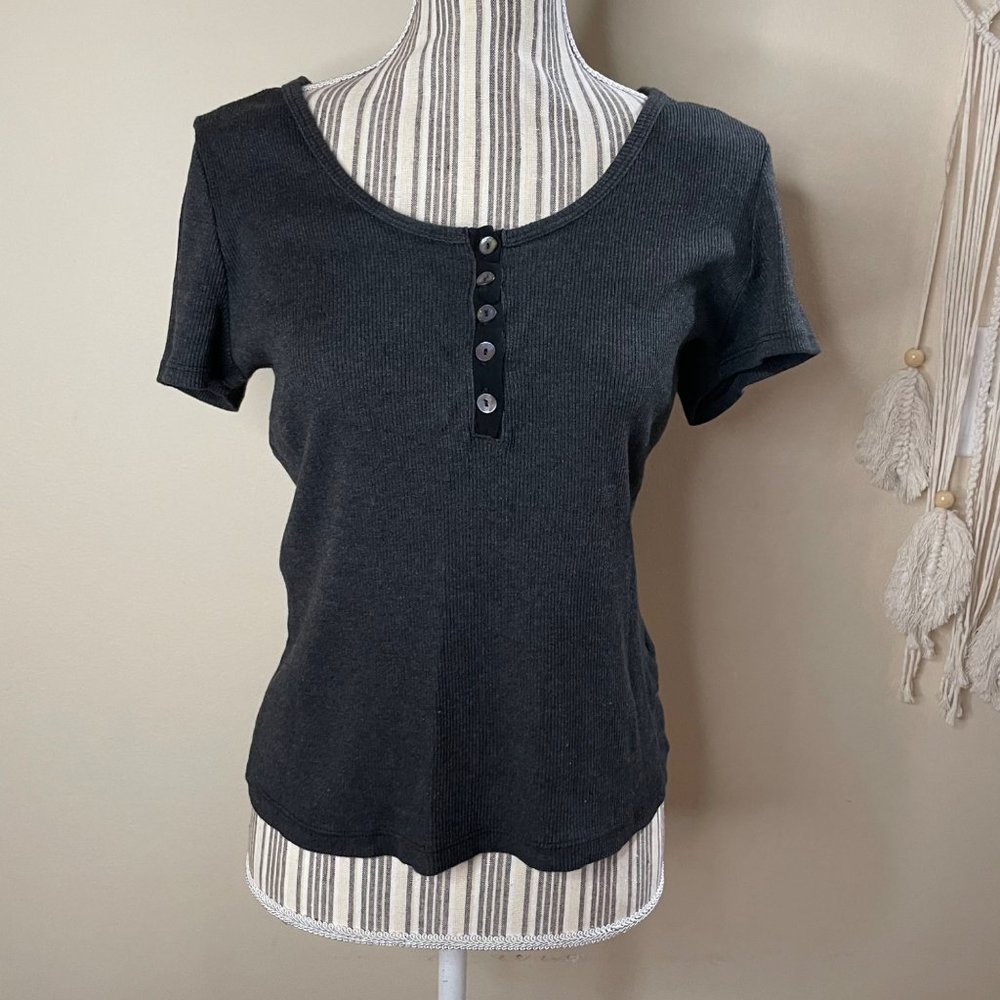 T.La Anthropologie Ribbed Short Sleeve Shirt Top Heathered Gray Size L